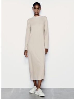 Zara Ribbed Maxi Dress NWT | Size L | Beige Long Sleeve Stretch Bodycon